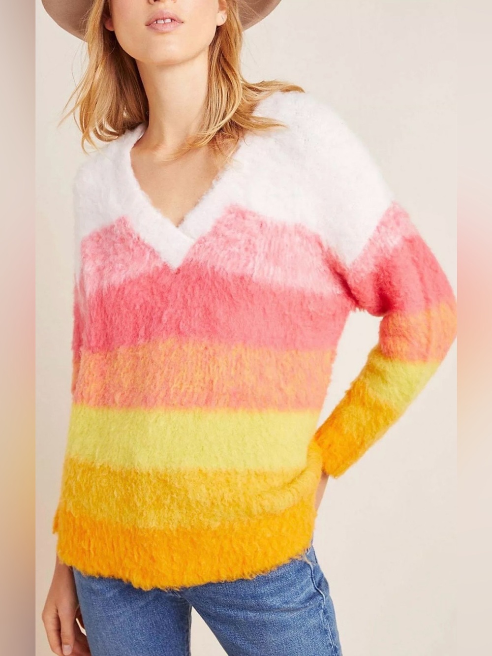Anthropologie sweater small rainbow stripe Simone vneck pullover fuzzy plush